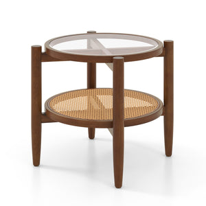 Round Rattan Side End Table with Tempered Glass Tabletop-Walnut view 4