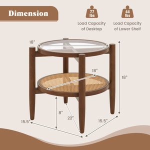 Round Rattan Side End Table with Tempered Glass Tabletop-Walnut view 5
