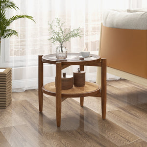 Round Rattan Side End Table with Tempered Glass Tabletop-Walnut view 6