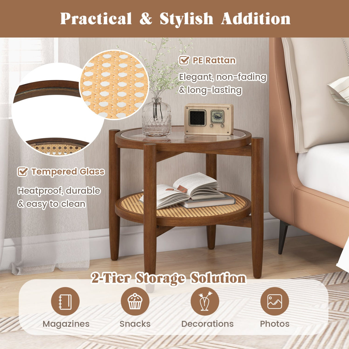 Round Rattan Side End Table with Tempered Glass Tabletop-Walnut view 7