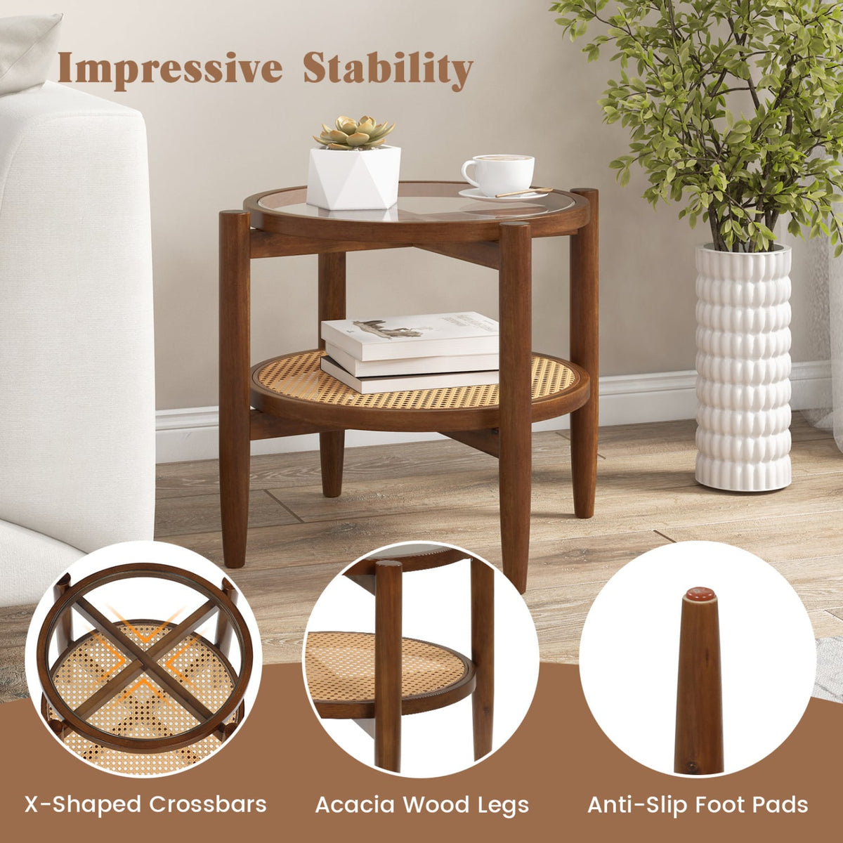 Round Rattan Side End Table with Tempered Glass Tabletop-Walnut view 8