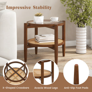 Round Rattan Side End Table with Tempered Glass Tabletop-Walnut view 8