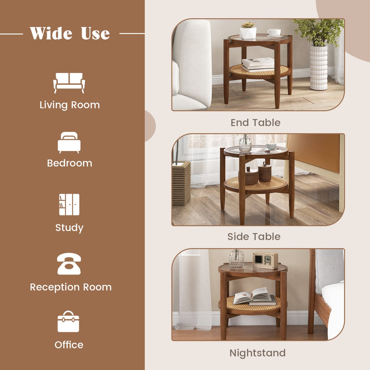 Round Rattan Side End Table with Tempered Glass Tabletop-Walnut view 9