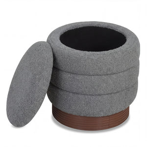 Round Storage Ottoman with Acacia Wood Frame for Living Room-Gray