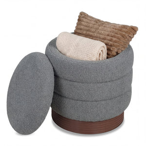 Round Storage Ottoman with Acacia Wood Frame for Living Room-Gray view 4