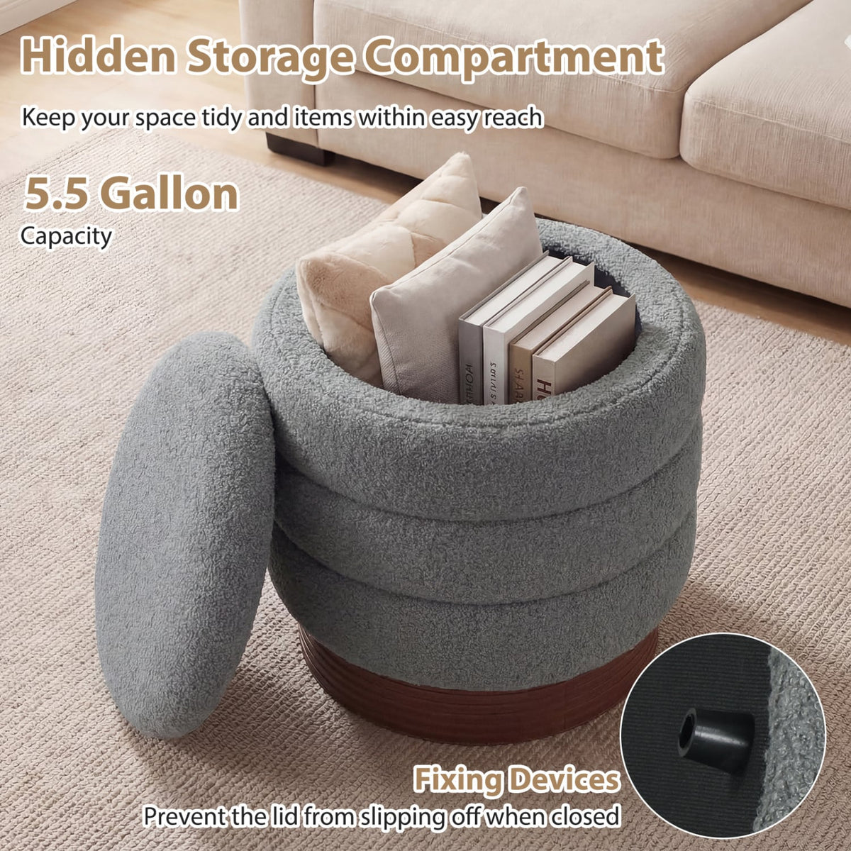 Round Storage Ottoman with Acacia Wood Frame for Living Room-Gray view 8