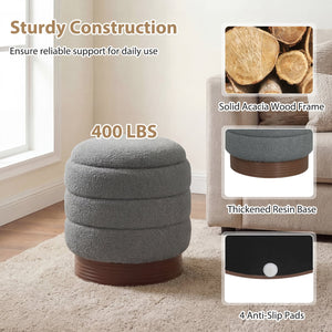 Round Storage Ottoman with Acacia Wood Frame for Living Room-Gray view 9