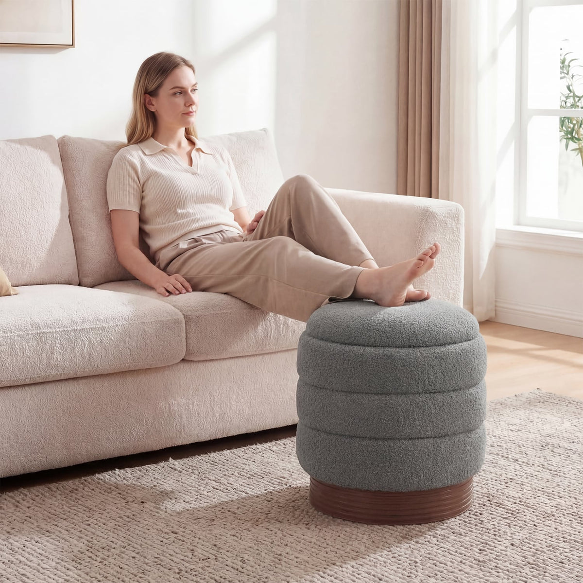 Round Storage Ottoman with Acacia Wood Frame for Living Room-Gray view 2