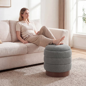 Round Storage Ottoman with Acacia Wood Frame for Living Room-Gray view 2