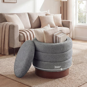 Round Storage Ottoman with Acacia Wood Frame for Living Room-Gray view 6