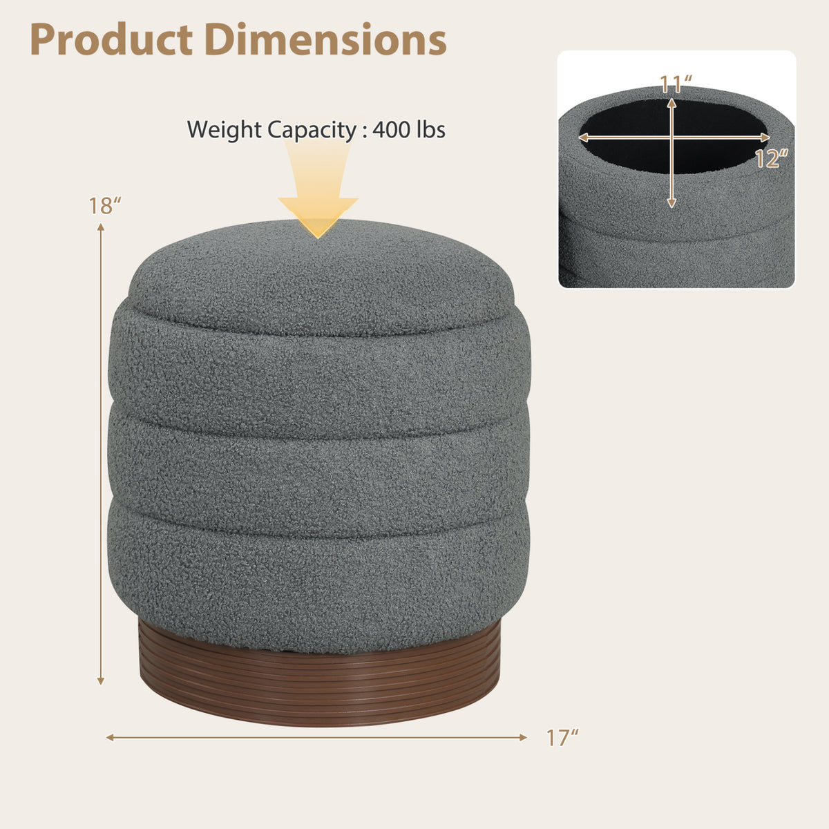 Round Storage Ottoman with Acacia Wood Frame for Living Room-Gray view 5