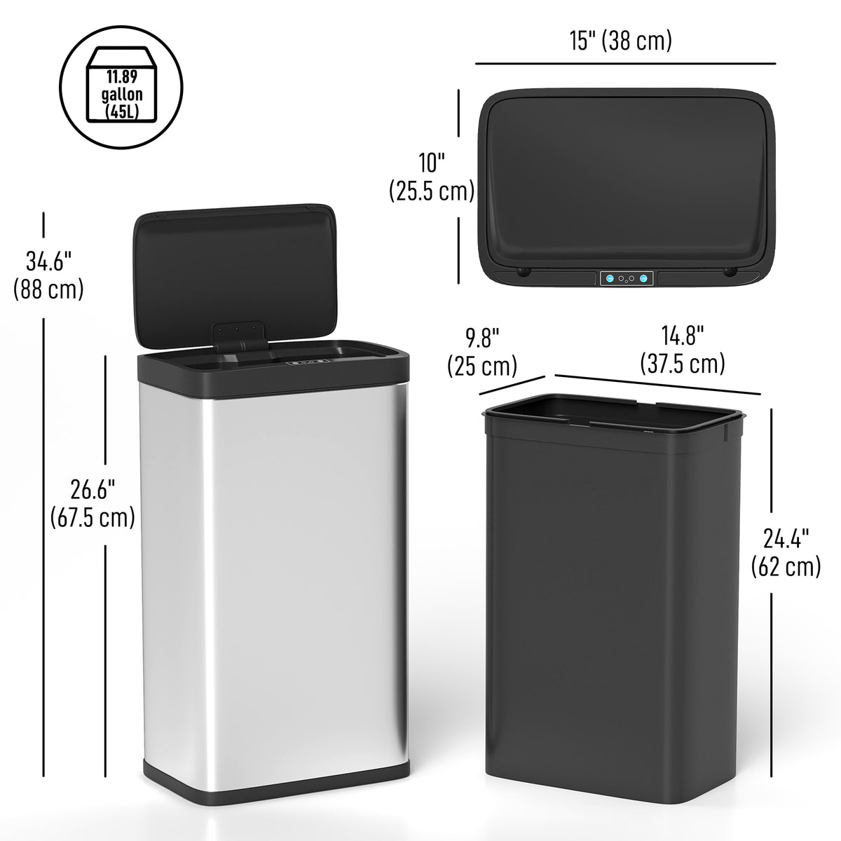 12 Gallon (45 L) Sensor Can, Automatic Garbage Can with Soft-Close Lid, Fingerprint-Proof Stainless Steel – view 9