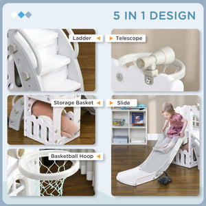 Qaba 5 in 1 Toddler Slide with Basketball Hoop, Climber, Telescope, Storage Basket, for 1-3 Years Kids Indoor Use