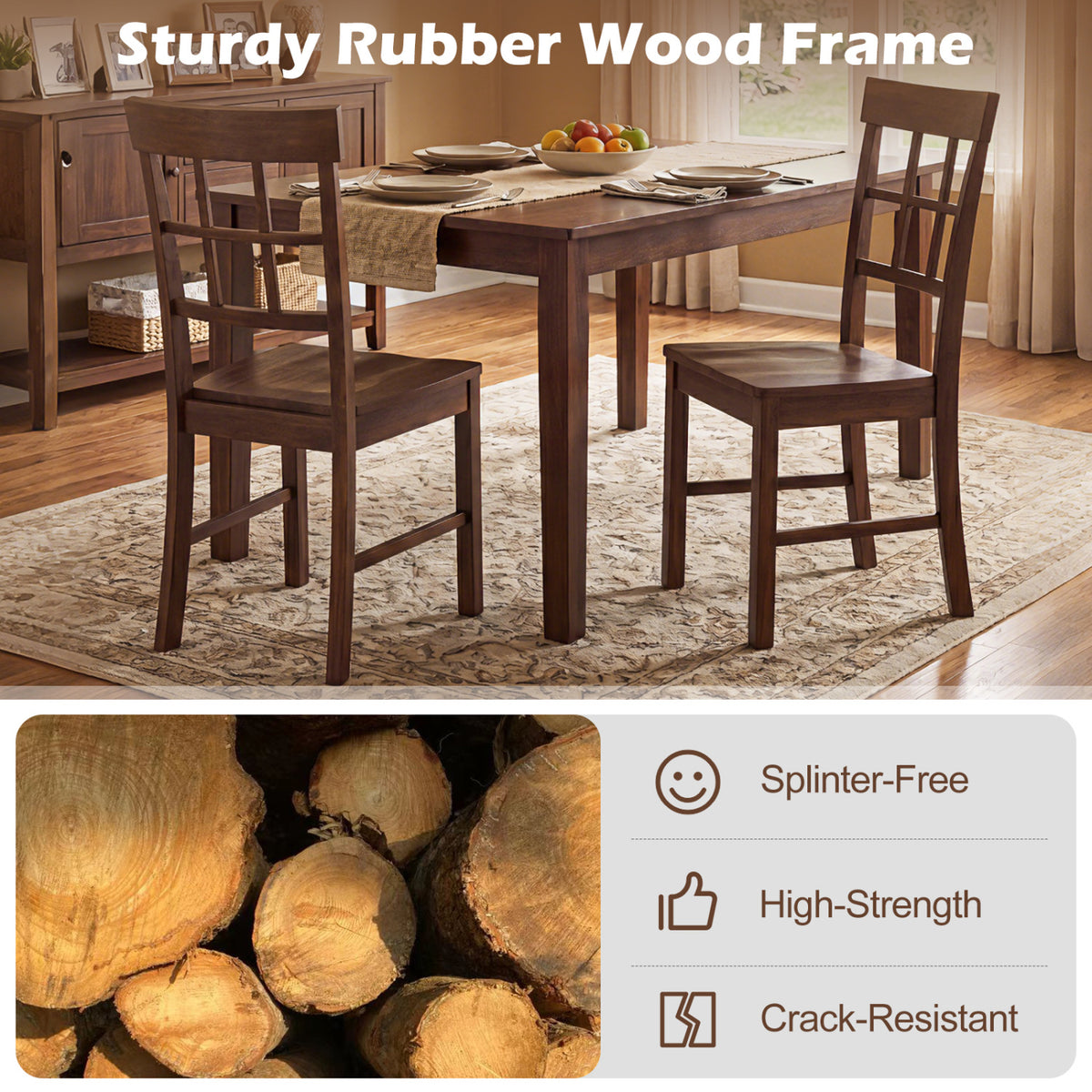 Rubber Wood Dining Chairs Set of 2 with High Backrests-Brown view 6