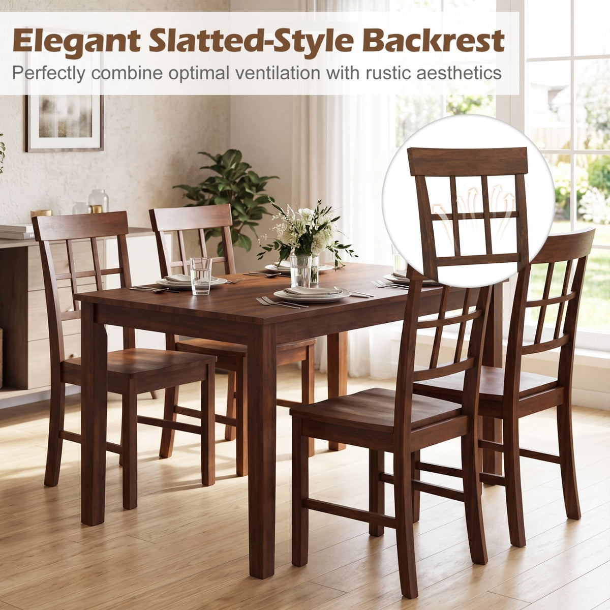 Rubber Wood Dining Chairs Set of 2 with High Backrests-Brown view 7