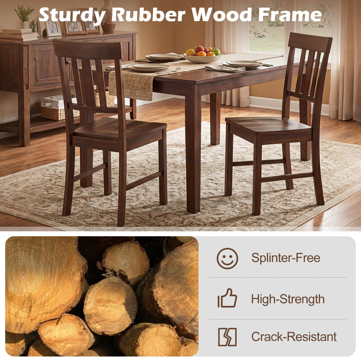 Rubber Wood Dining Chairs Set of 2 with High Slat Backrests-Brown view 6