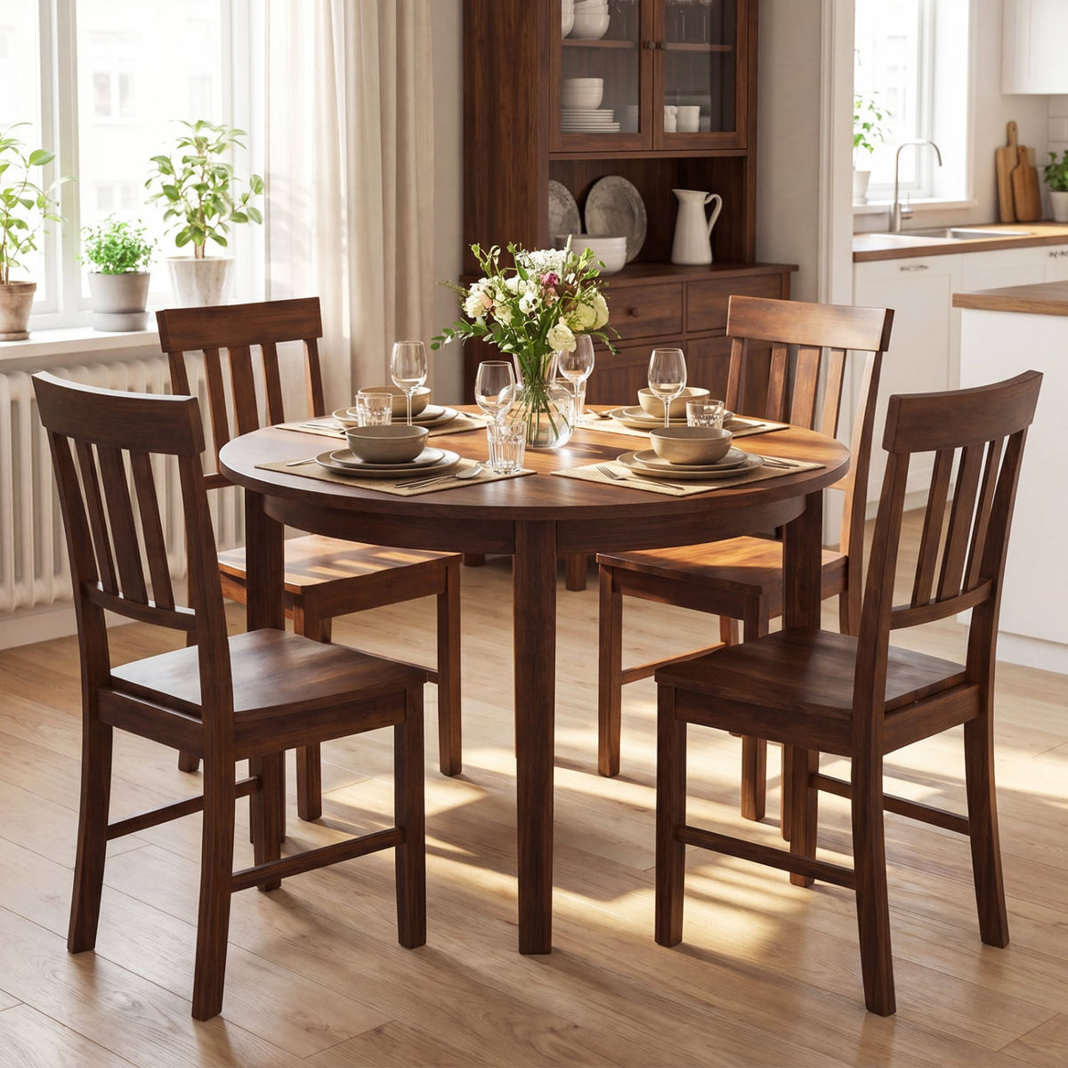 Rubber Wood Dining Chairs Set of 4 with High Slat Backrests-Brown view 2