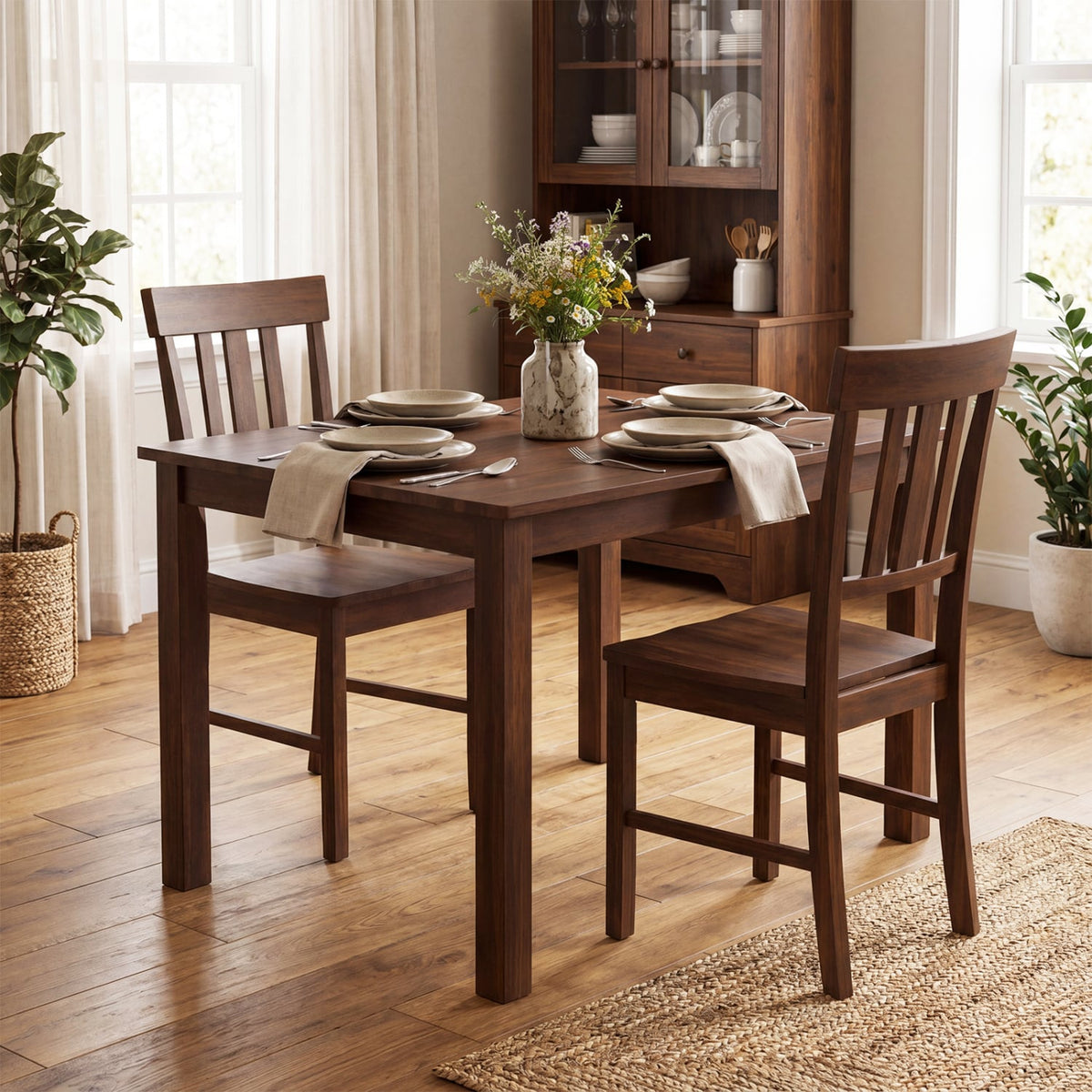 Rubber Wood Dining Chairs Set of 4 with High Slat Backrests-Brown view 3
