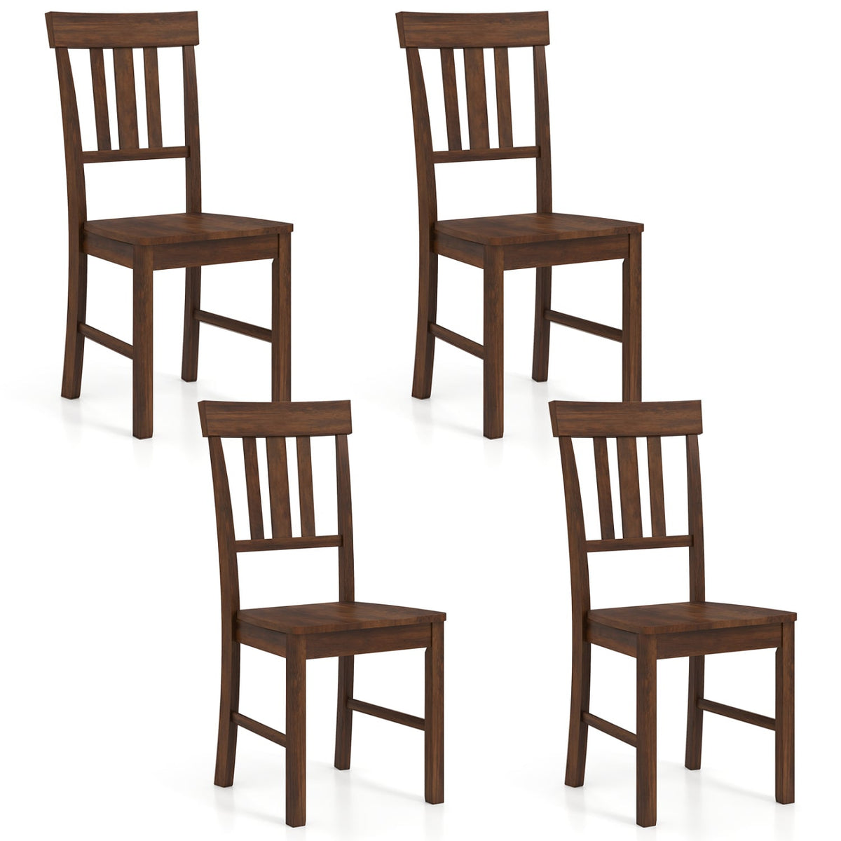 Rubber Wood Dining Chairs Set of 4 with High Slat Backrests-Brown