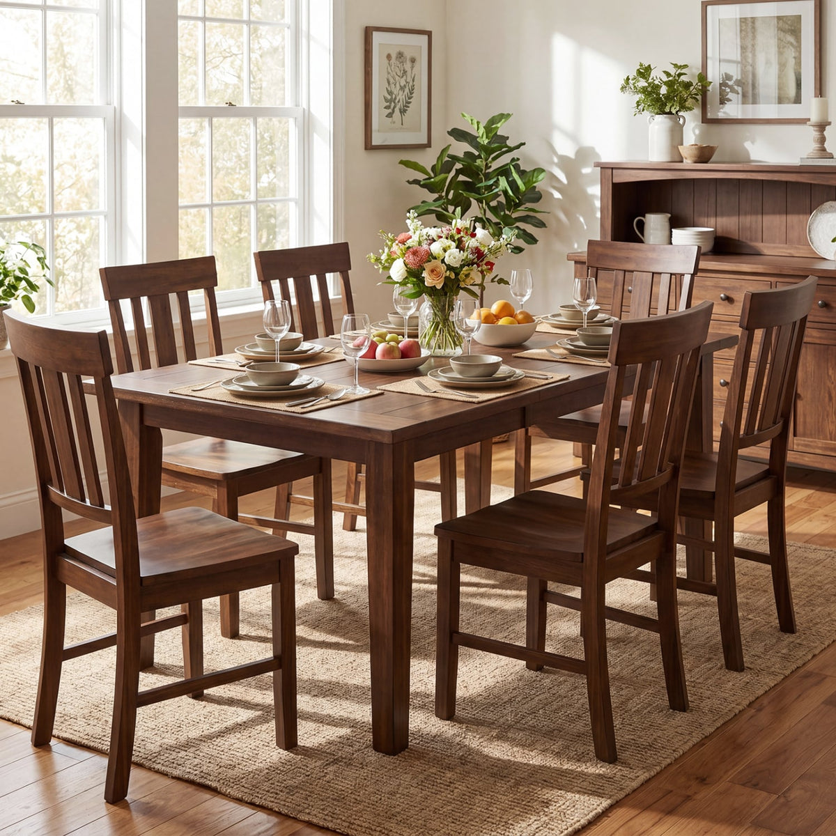 Rubber Wood Dining Chairs Set of 4 with High Slat Backrests-Brown view 5