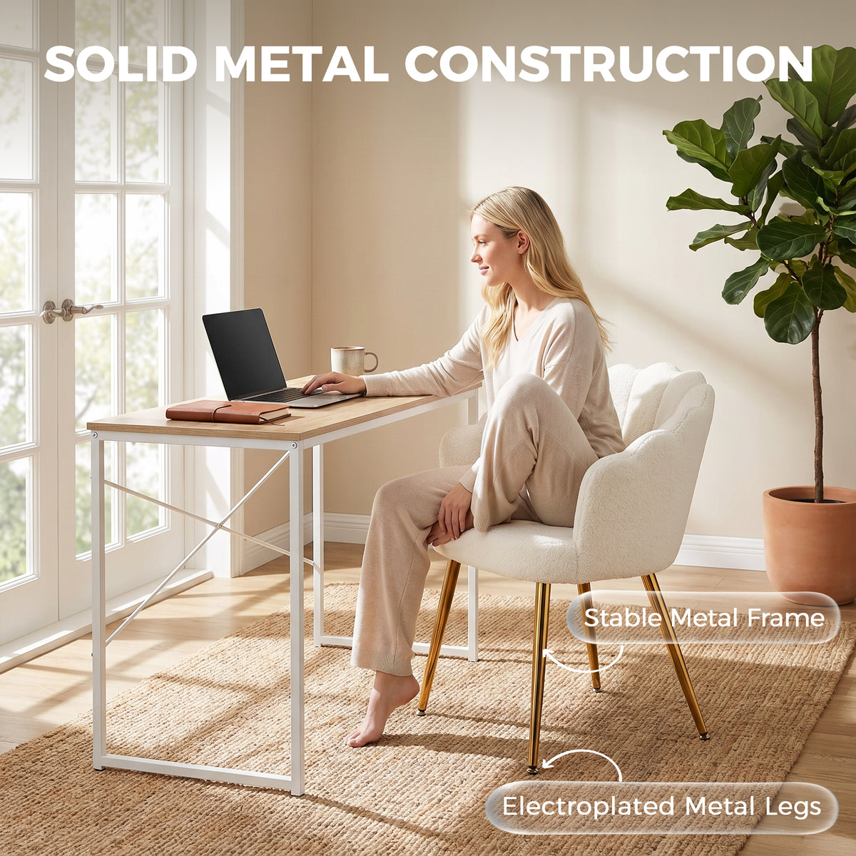 Accent Chair Petal-Back Design Modern Living Room Chair with Metal Legs Cream