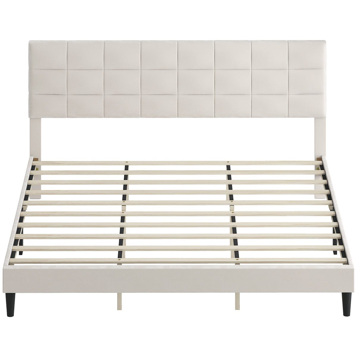 Queen Size Bed Frame with Upholstered Headboard, Modern Platform Bed Frame with Wood Slats, 1100 lbs Capacity, Cream