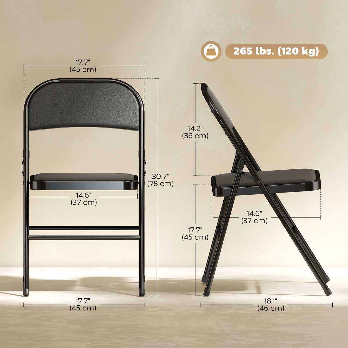 Set of 6 Metal Foldable Chairs, PU Leather Padded Folding Chairs with Cushion Seat and Open Back for Indoor, Black
