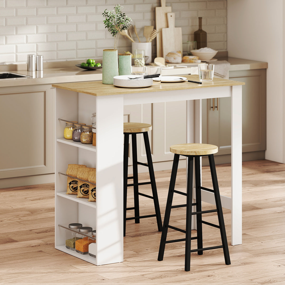 Bar Table Counter Height Dining Table with 3 Storage Shelves for Kitchen, Dining Room, Living Room, Natural