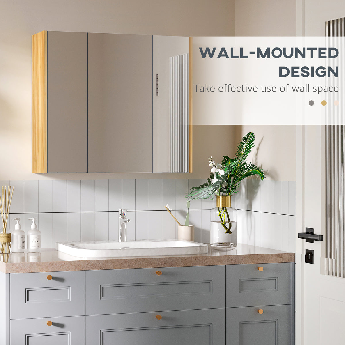 Wall Mounted Medicine Cabinet with Mirror Wall Mirror Cabinet with 3 Doors and Adjustable Storage Shelves Gray