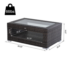 2-Tier Rattan Patio Coffee Table Wicker Patio Tea End Desk with Tempered Glass Top & Storage for Balcony, Backyard, Poolside