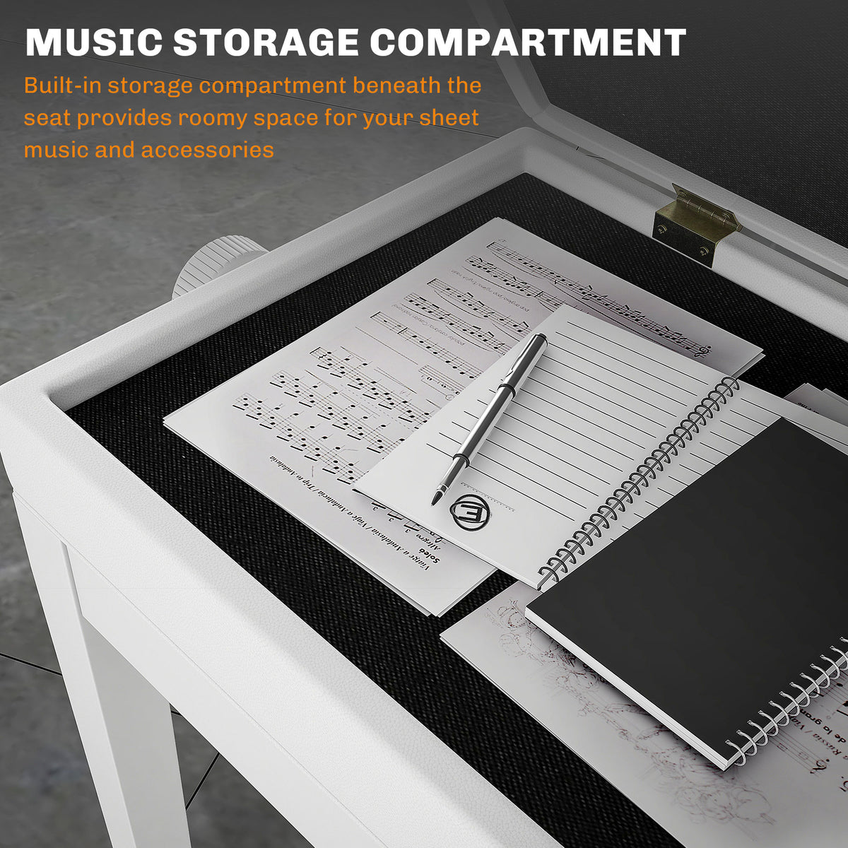 Adjustable Piano Bench with Storage and Soft PU Leather Padded, with Enough Music Storage Design, White
