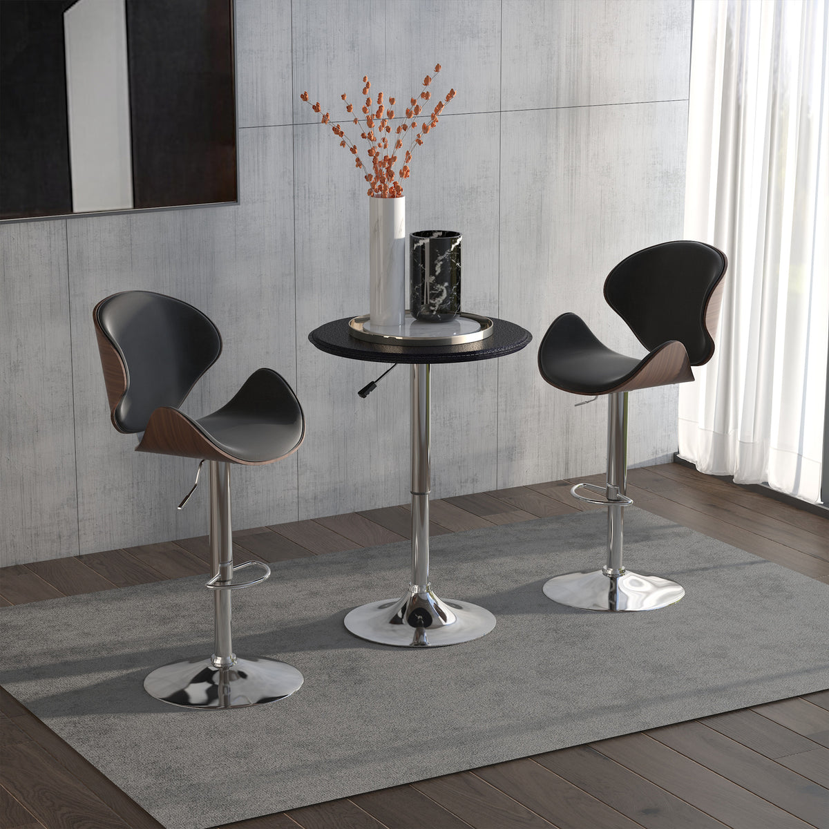 Modern Round Bar Table Adjustment Height Home Pub Bistro Desk Faux Leather Covered Wooden Top Chrome Base – view 6