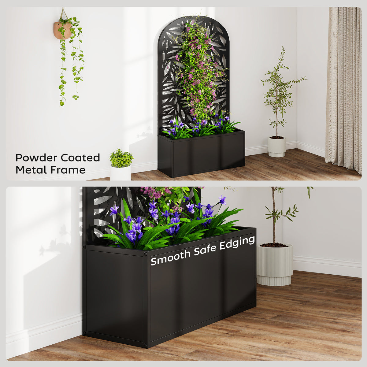 Metal Garden Bed with Trellis for Climbing Plants, Freestanding or Wall Mounted Flower Bed for Garden, Patio, Balcony