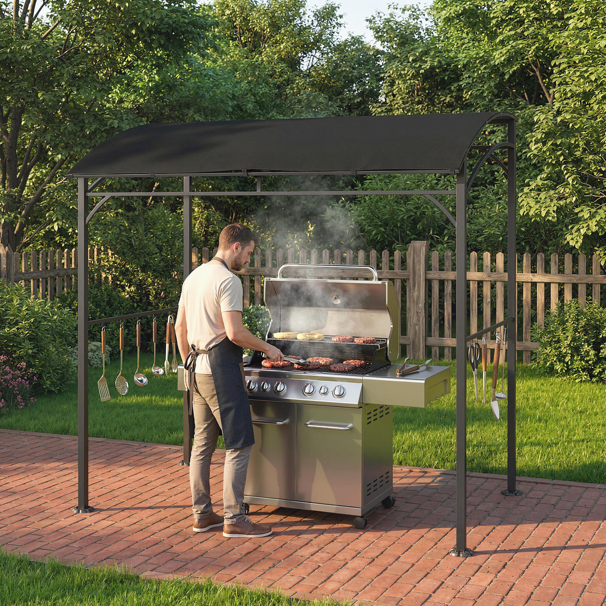 7' x 5' BBQ Grill Gazebo Tent, Garden Grill Canopy with Steel Frame and Hooks, Outdoor Sun Shade, Grey – view 27