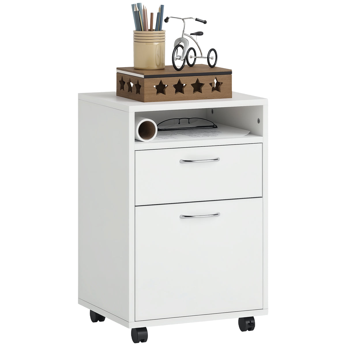 24" Small Filing Cabinet with Open Compartment, Drawer and Wheels, Home Office Storage Cabinet, White