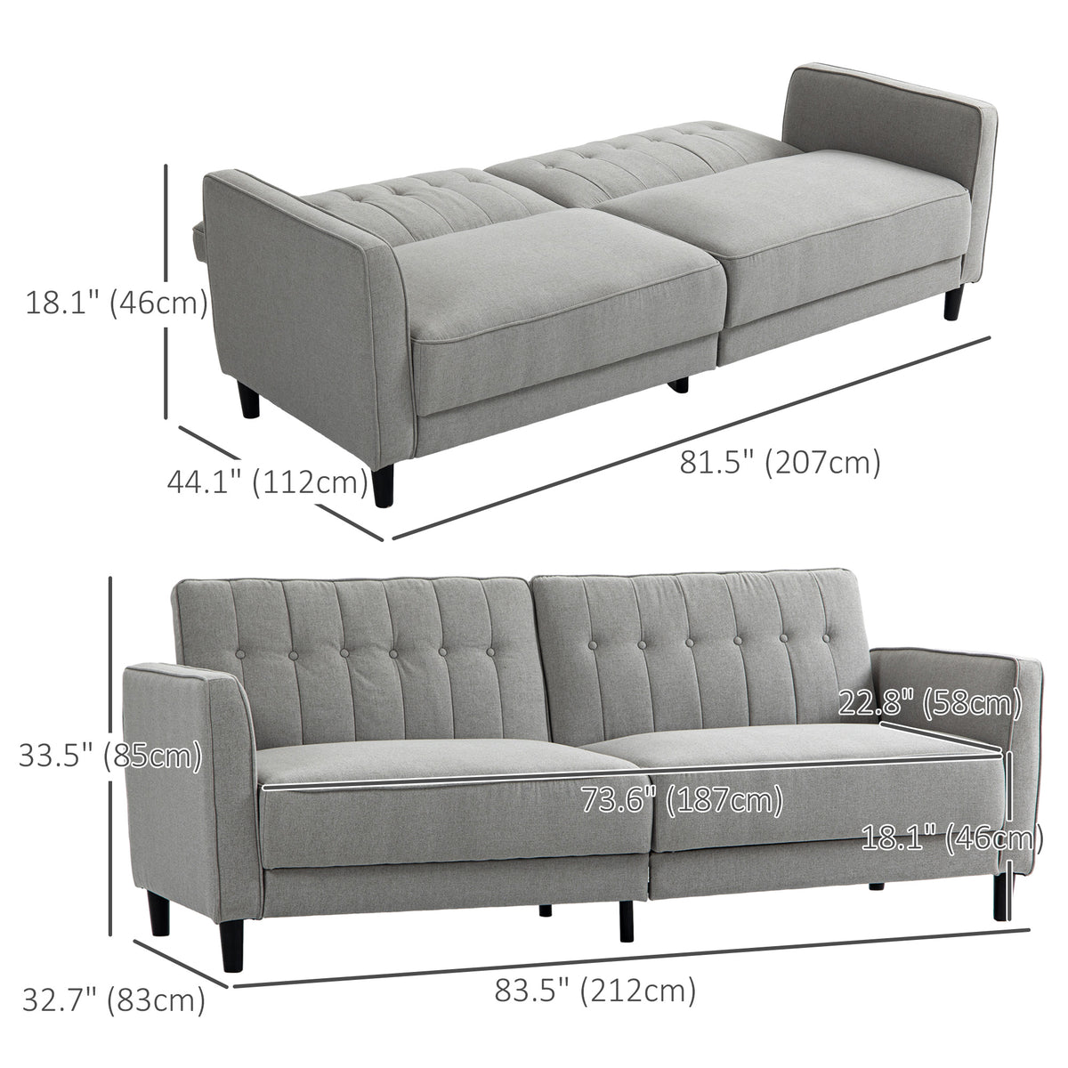 Convertible Bed with Couch, Button Tufted Fabric Sofa Bed with Adjustable Back for Living Room – view 9