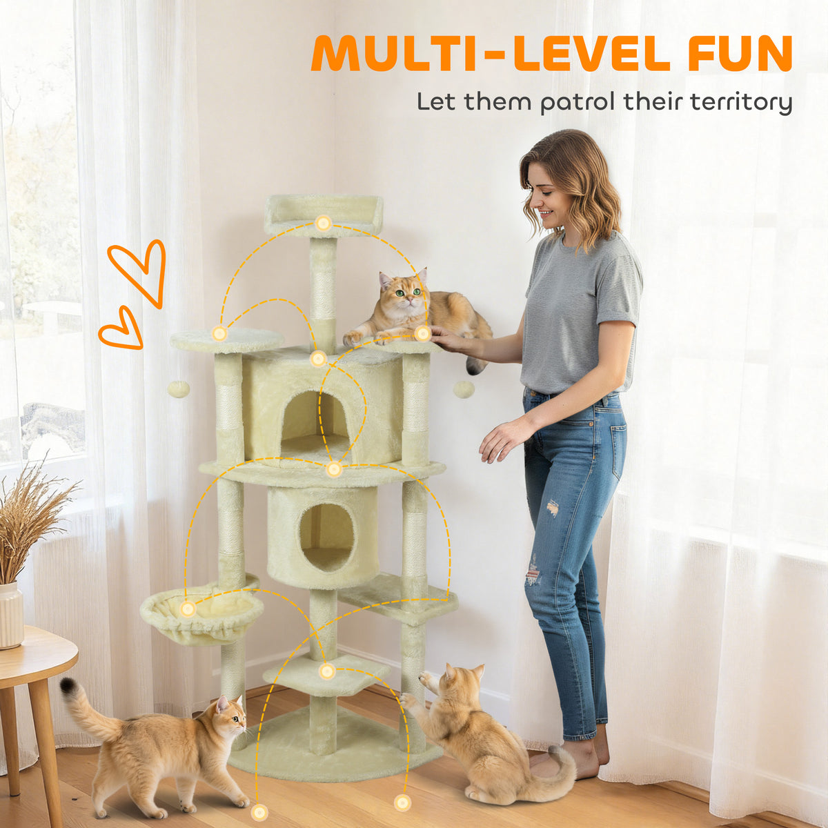 62" Cat Tree with Scratching Post, 2 Condos, Hammock, Perches, Plush, Pompoms, for Indoor Cats, Beige – view 3