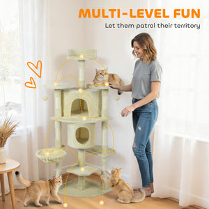 62" Cat Tree with Scratching Post, 2 Condos, Hammock, Perches, Plush, Pompoms, for Indoor Cats, Beige – view 3