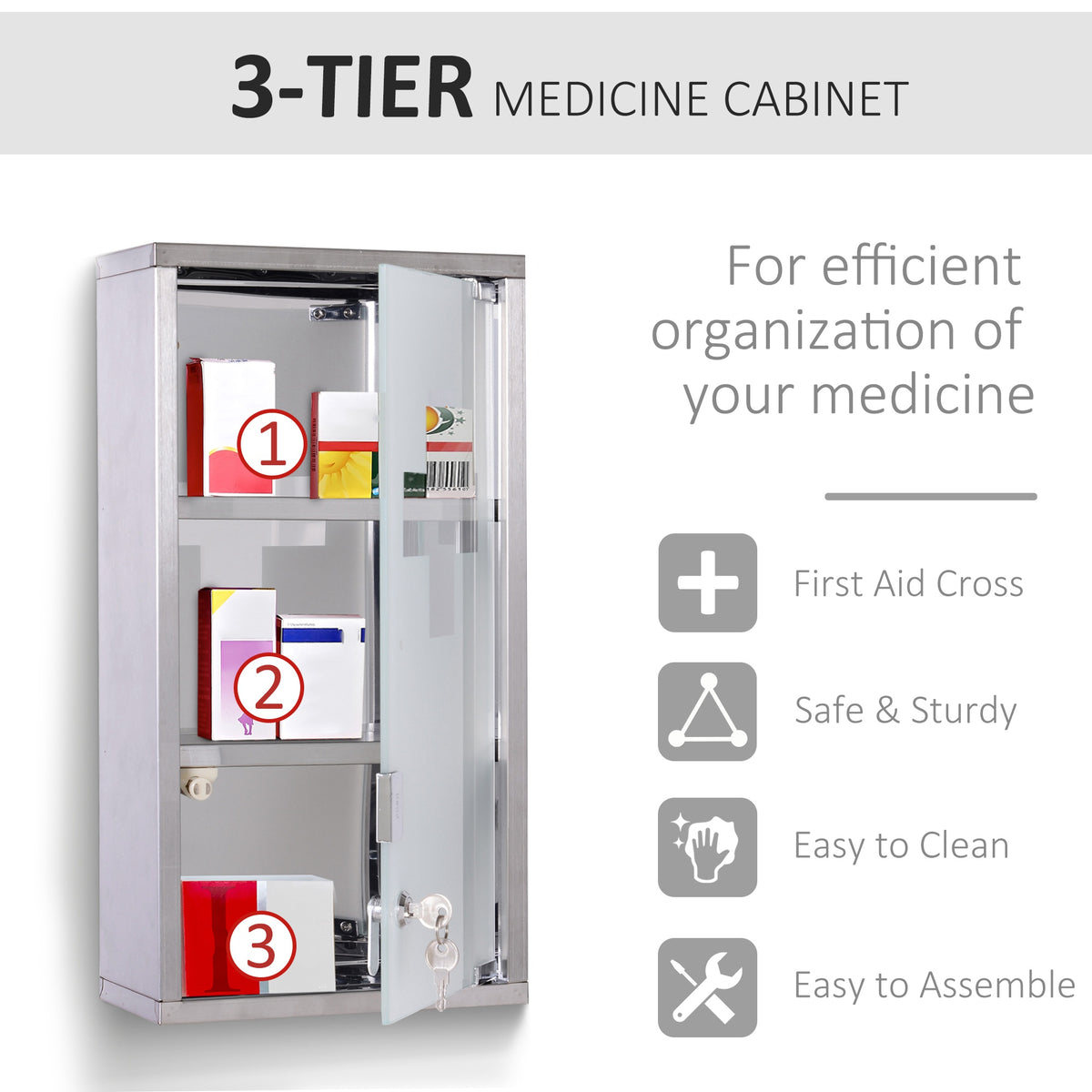 Wall Mount Medicine Cabinet, Bathroom Cabinet with 3 Tier Shelves, Stainless Steel Frame and Glass Door, Lockable with 2 Keys, Silver, 12" x 23.5"