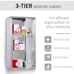 Wall Mount Medicine Cabinet, Bathroom Cabinet with 3 Tier Shelves, Stainless Steel Frame and Glass Door, Lockable with 2 Keys, Silver, 12" x 23.5"