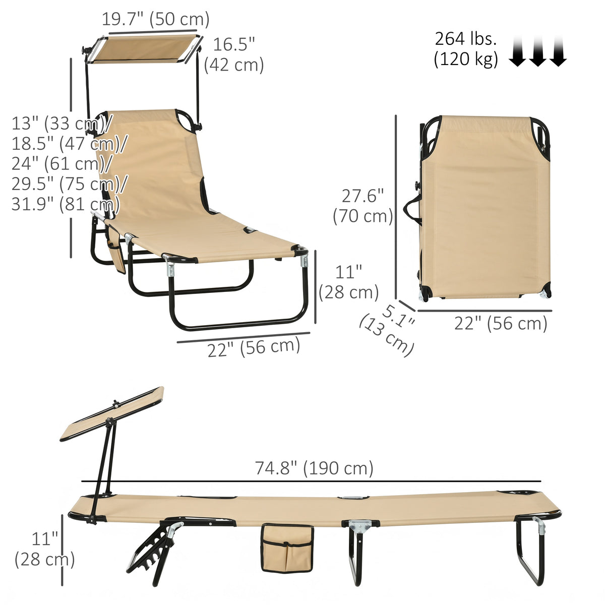 2 Piece Folding Outdoor Chaise Lounges, Pool Tanning Chairs with Reclining Back, Sunshade for Beach, Patio – view 16