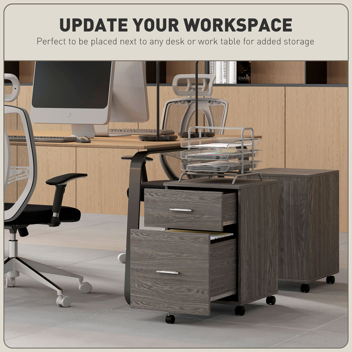 Mobile Filing Cabinet, Vertical File Cabinet with 2 Drawers, Wheels, for Letter or A4 File, Natural