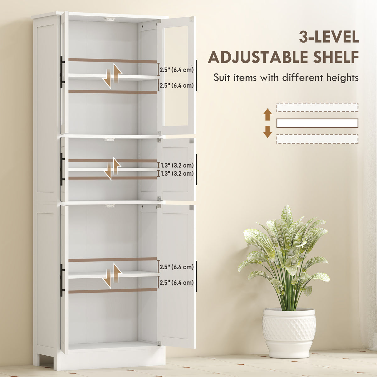 67" Tall Bathroom Storage Cabinet, Modern Freestanding Bathroom Cabinet with Glass Doors and Adjustable Shelves, White