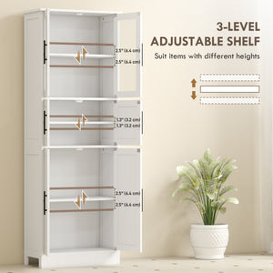67" Tall Bathroom Storage Cabinet, Modern Freestanding Bathroom Cabinet with Glass Doors and Adjustable Shelves, White