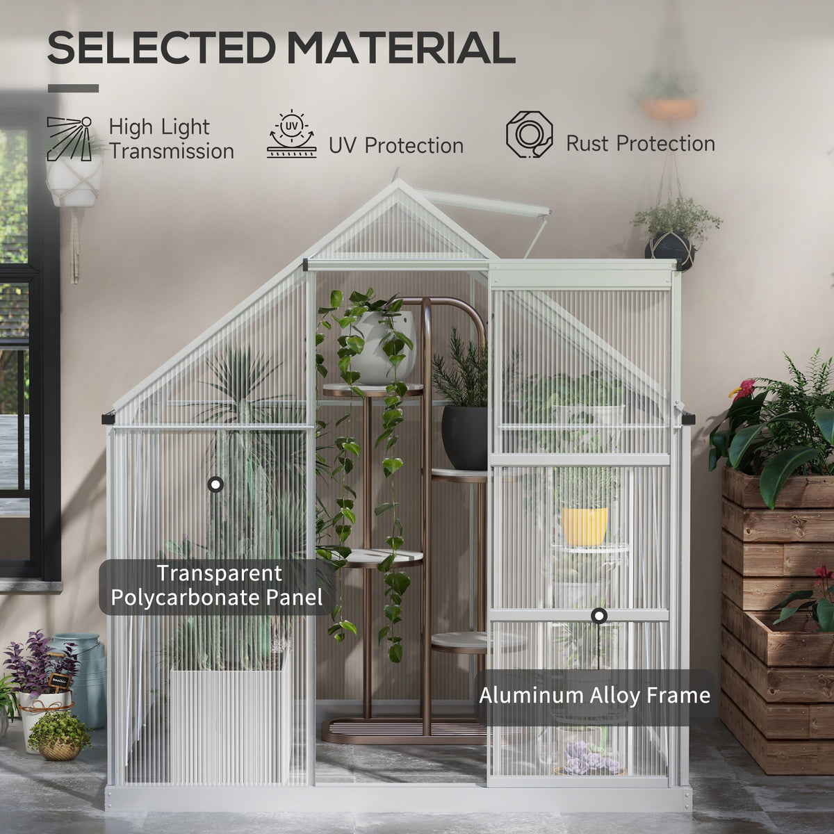 6' x 4' Walk-In Greenhouse, Polycarbonate Greenhouse with Sliding Door, Window, Aluminium Frame – view 11