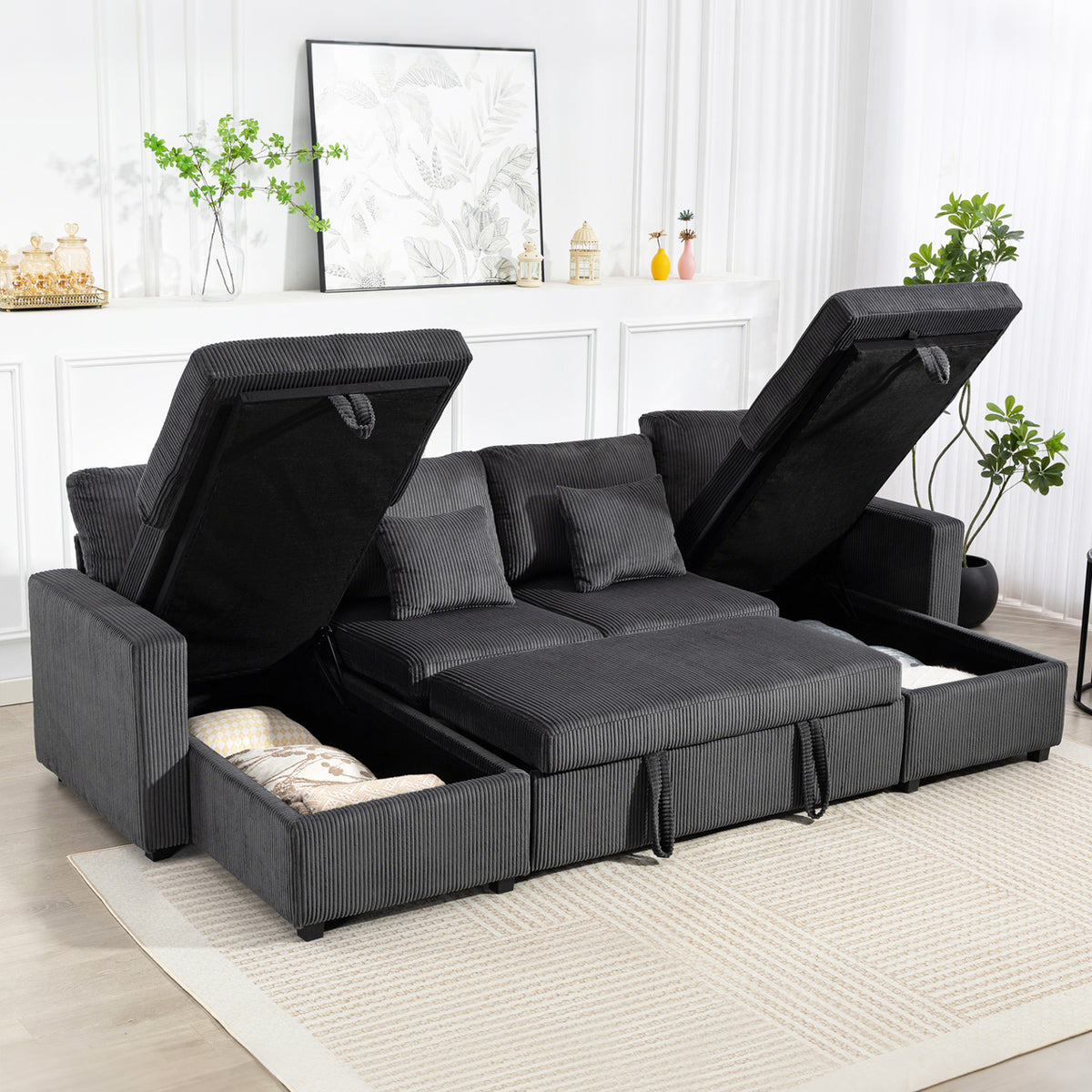 Convertible Sofa Bed, Corduroy U-Shaped Sleeper Sofa Couch with Storage Chaise, Pillows, Spring, Futon Couch, Grey