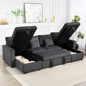 Convertible Sofa Bed, Corduroy U-Shaped Sleeper Sofa Couch with Storage Chaise, Pillows, Spring, Futon Couch, Grey
