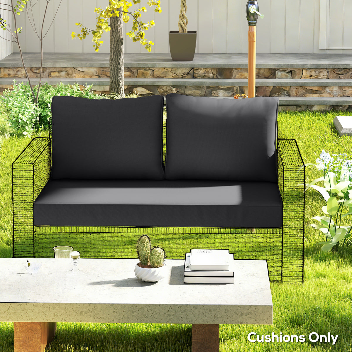 Outdoor Seat Cushions with Backrest, Loveseat Double Sofa Outdoor Furniture Cushions, Beige – view 14