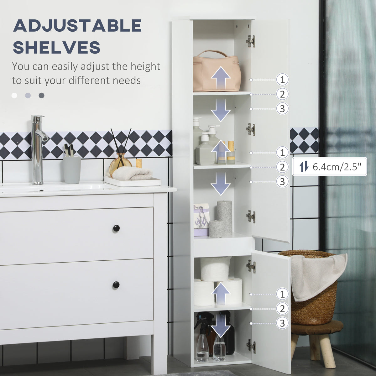 Tall Bathroom Cabinet, Freestanding Storage Organizer with Adjustable Shelves and Cupboards, 11.8" x 11" x 6", White