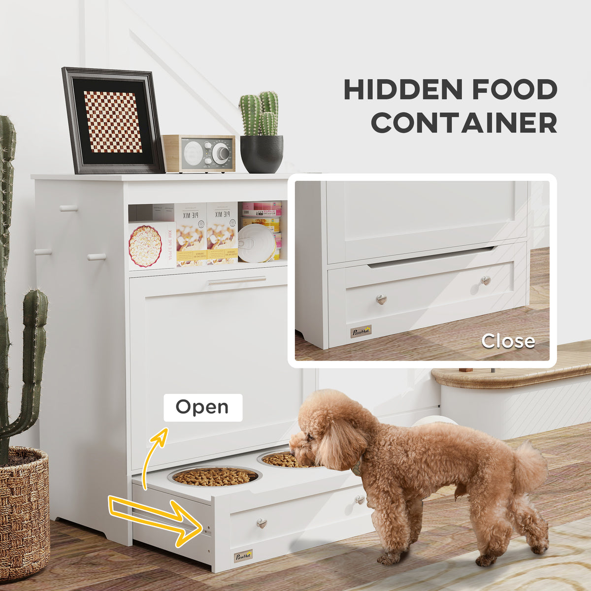 Pet Feeder Station Storage Cabinet, Dog Food Storage Container with Dog Raised Bowls, Watering Supplies, Gray